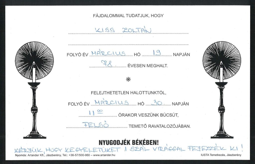 Kiss Zoltán gyászjelentés